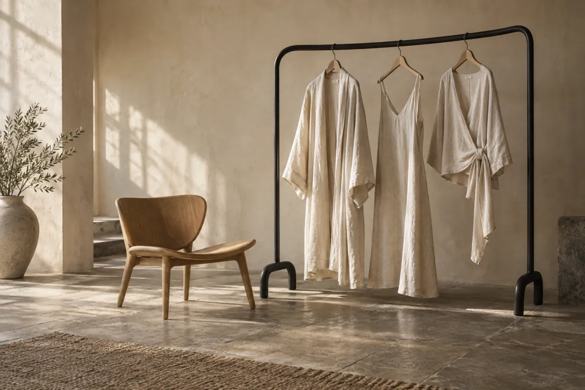 AI-generated atelier concept featuring cream linen garments in a sunlit studio
