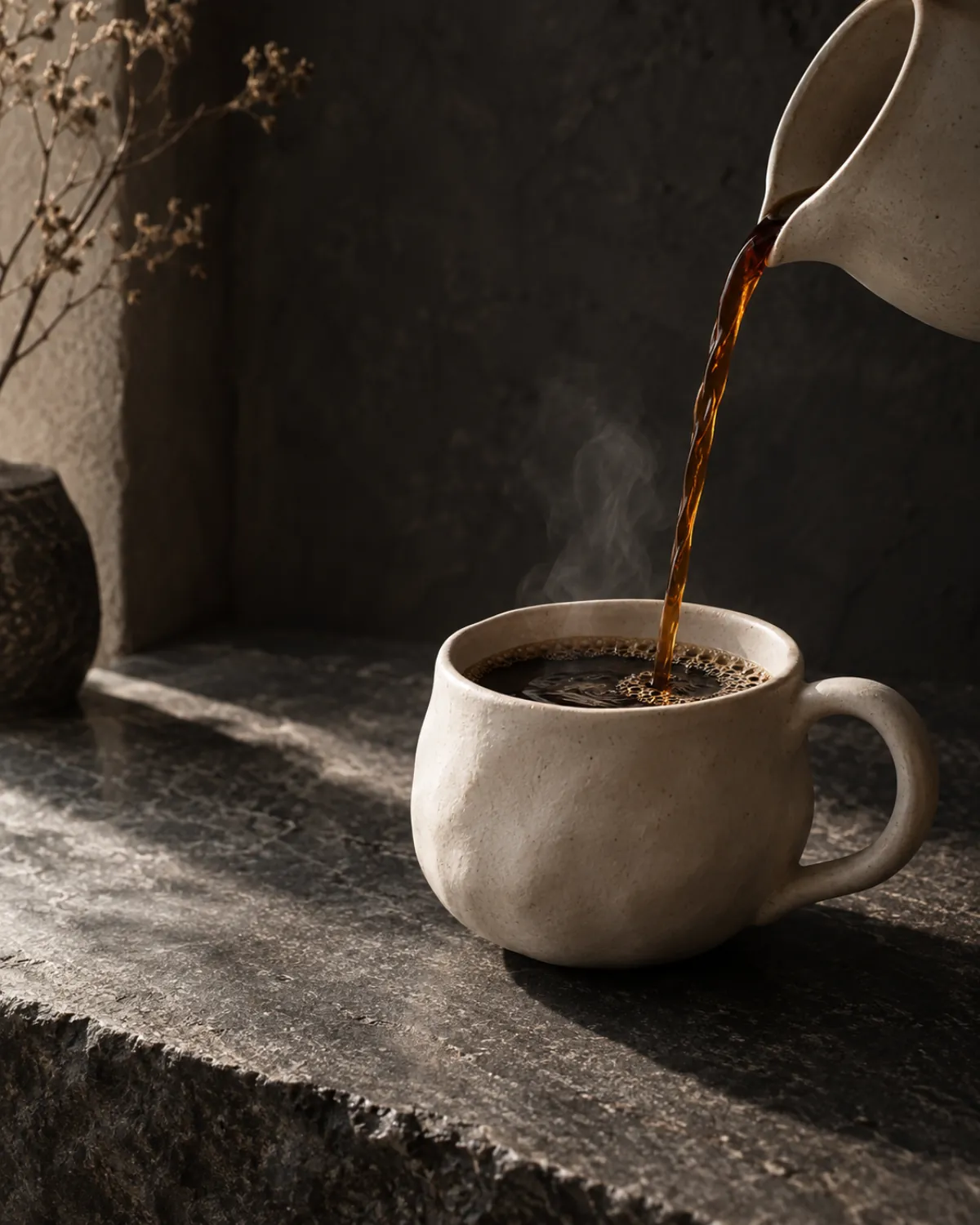 AI-generated café campaign with a ceramic coffee cup in warm sunlight