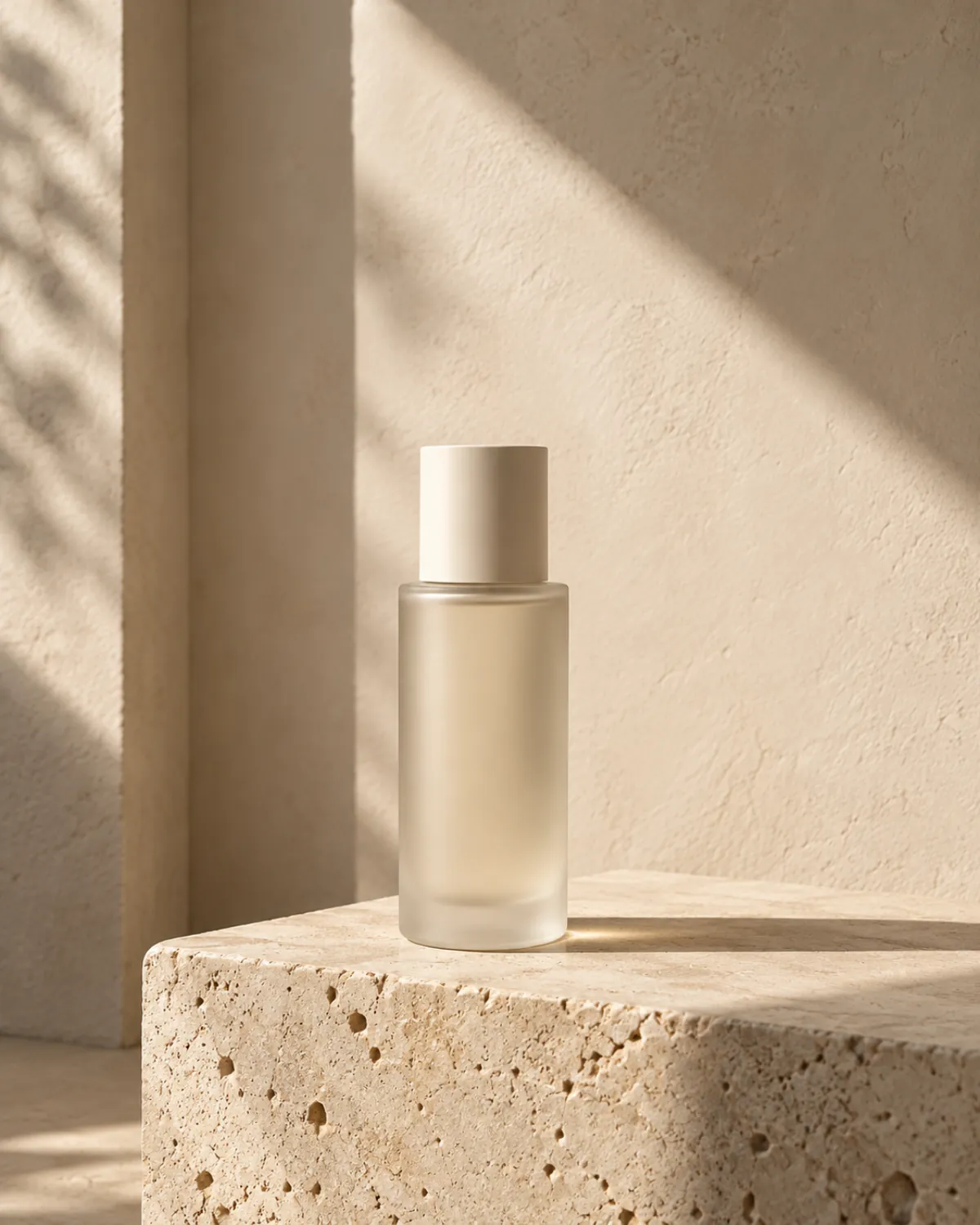 AI-generated skincare campaign with a frosted product bottle on pale stone